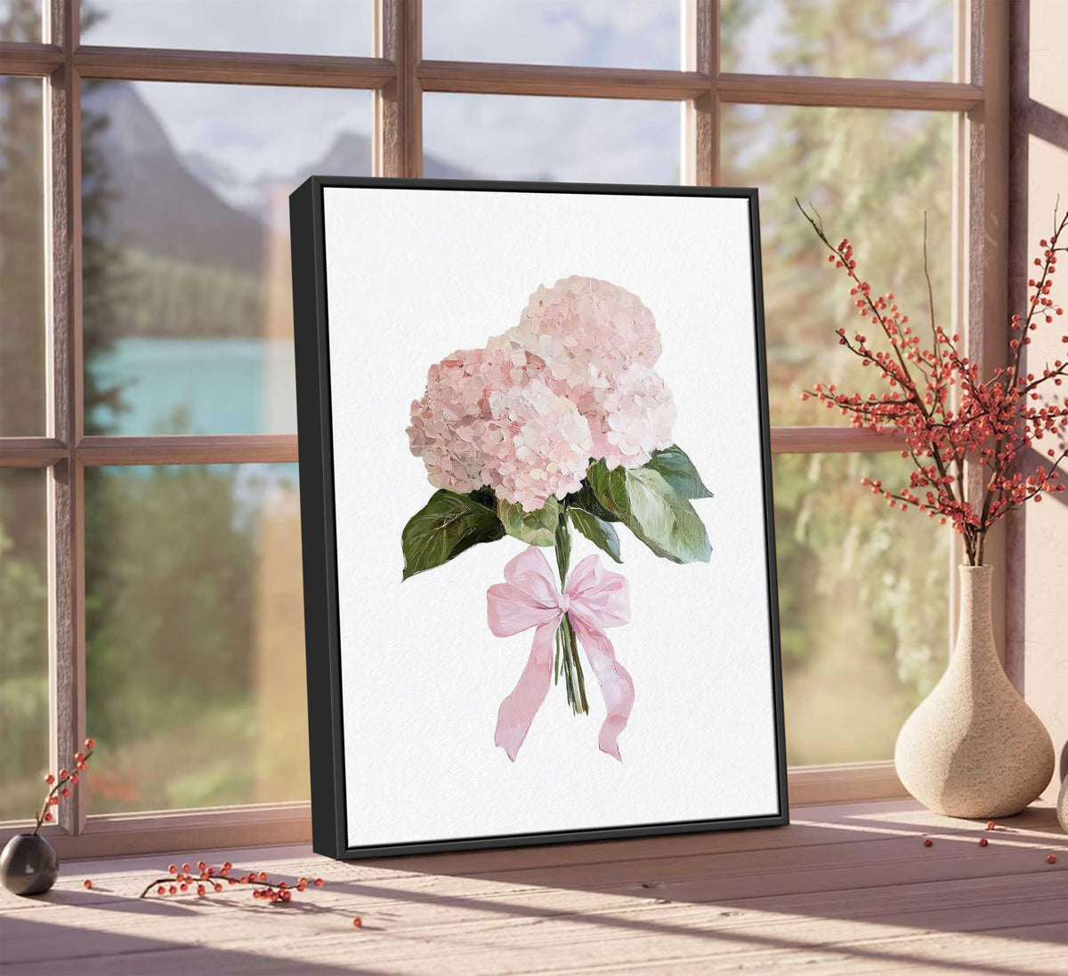 Framed Pink Hydrangea Floral Canvas Wall Art Coquette Pink Bow Hydrangea Flower Painting Picture Wall Decor Preppy Aesthetic Poster Print Artwork for Girls Bedroom Dorm Apartment Home Decoration (Framed Hydrangea / 16"L x 12"W)