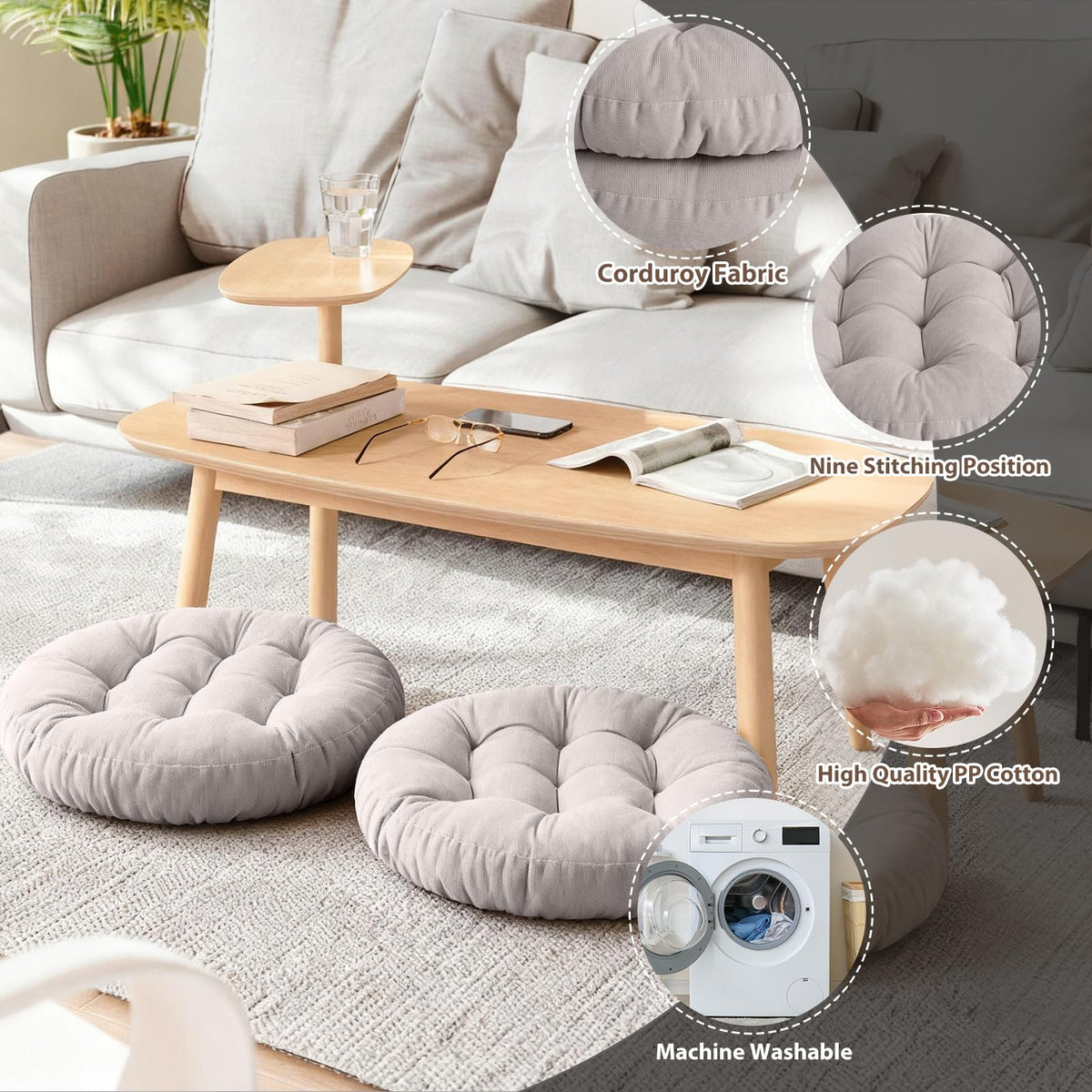22 Inch Floor Cushion (Round|grey / 2 Count (Pack of 1))