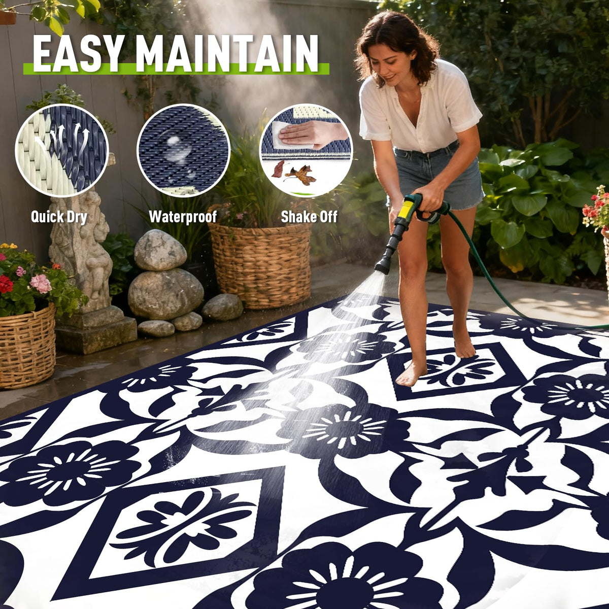 Navy Blue Flower Tile Rug 8x10 FT Waterproof Mat for RV Patio Camping (Klein / 8x10 Feet)