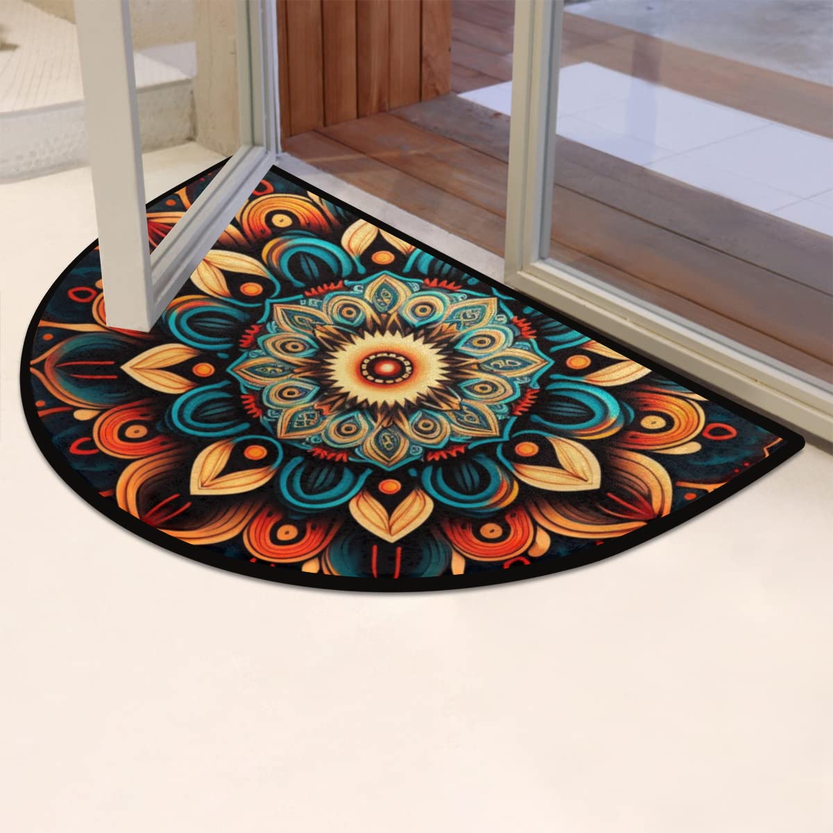 Boho Flower Half Round Doormat Ethnic Floral Semi Circle Area Rug Non Slip Indoor Outdoor Entrance Half Moon Rug Absorbent Durable Washable Front Floor Mat for Kitchen Bedroom Patio Fireplace (A05:boho Mandala)