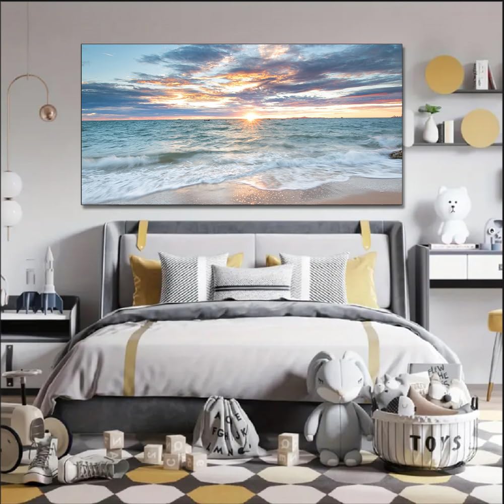 Large Canvas Wall Art Beach Artwork for Walls Coastal Wall Décor Seascape Prints Ocean Painting Sunset Picture Waves Sea Landscape Poster Bedroom Wall Art Living Room Office Decorations (Bocean / 48"L x 24"W)