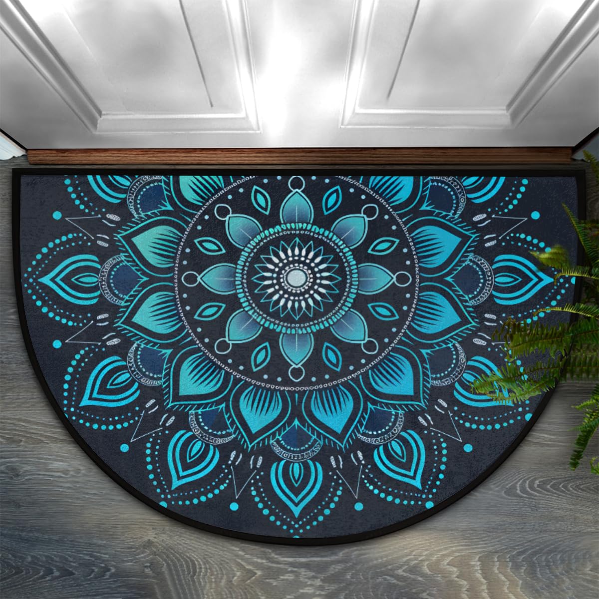 Half Round Doormat Semi Circle Rug Blue Mandala Elegant Non Slip Indoor Outdoor Entrance Half Moon Rug Absorbent Durable Washable Front Floor Mat for Kitchen Bathroom Patio Fireplace (D:vintage Mandala)