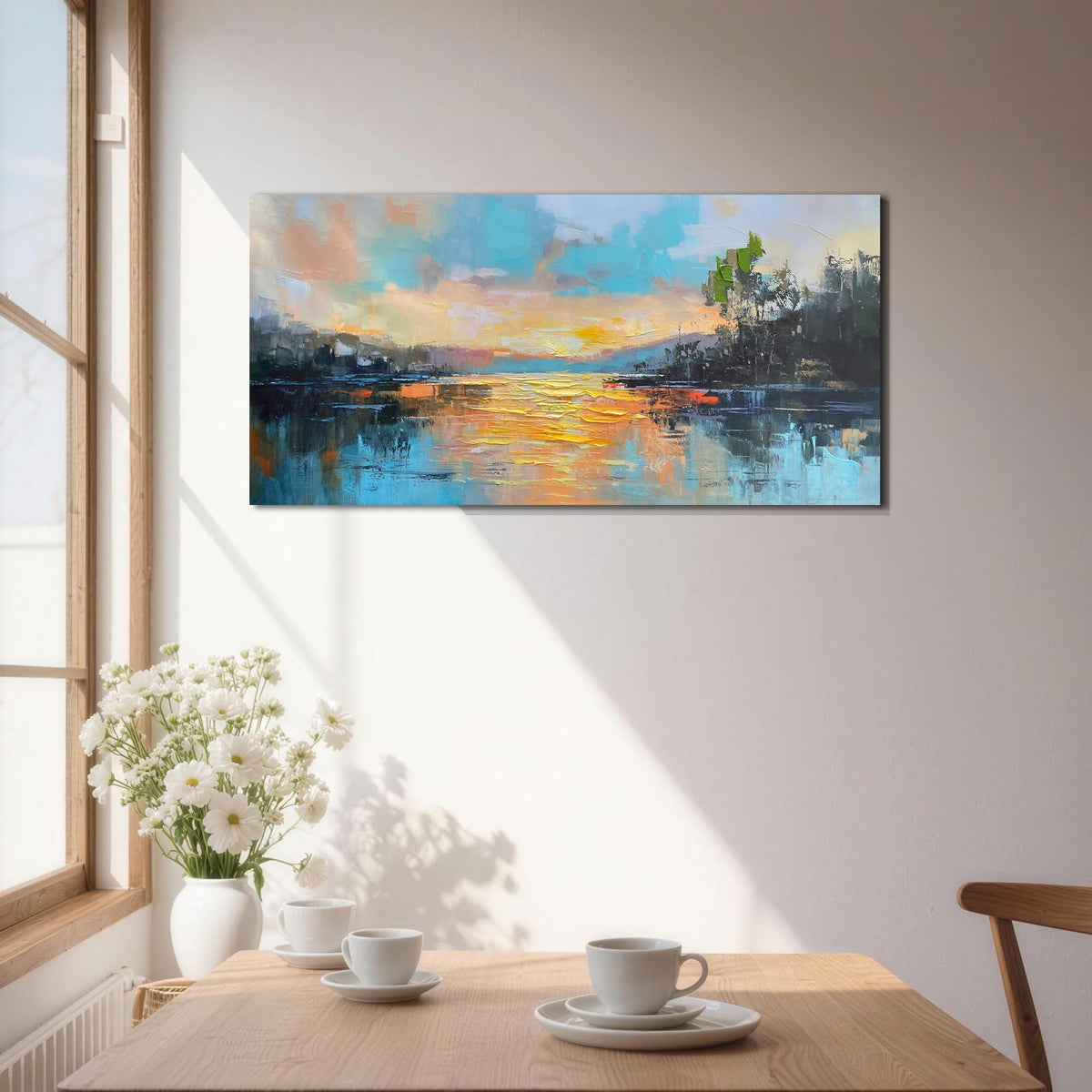 Lake Sunrise Canvas Wall Art Decor for Living Room (Yellow Sunrise / 58"L x 29"W)