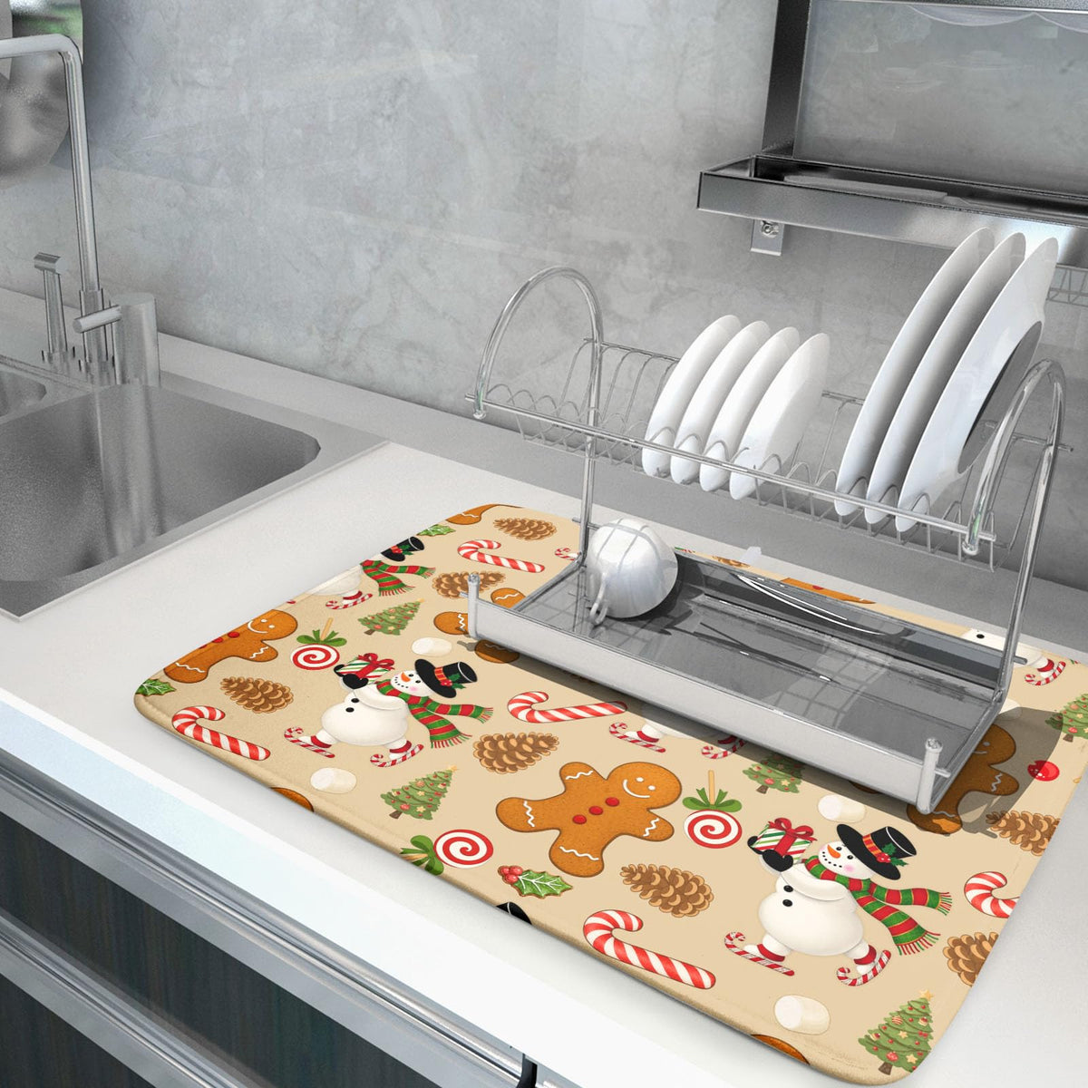 Xmas Gingerbread Man Candy Cane Dish Drying Mat for Kitchen Counter (Gingerbread Man / 18" x 24")