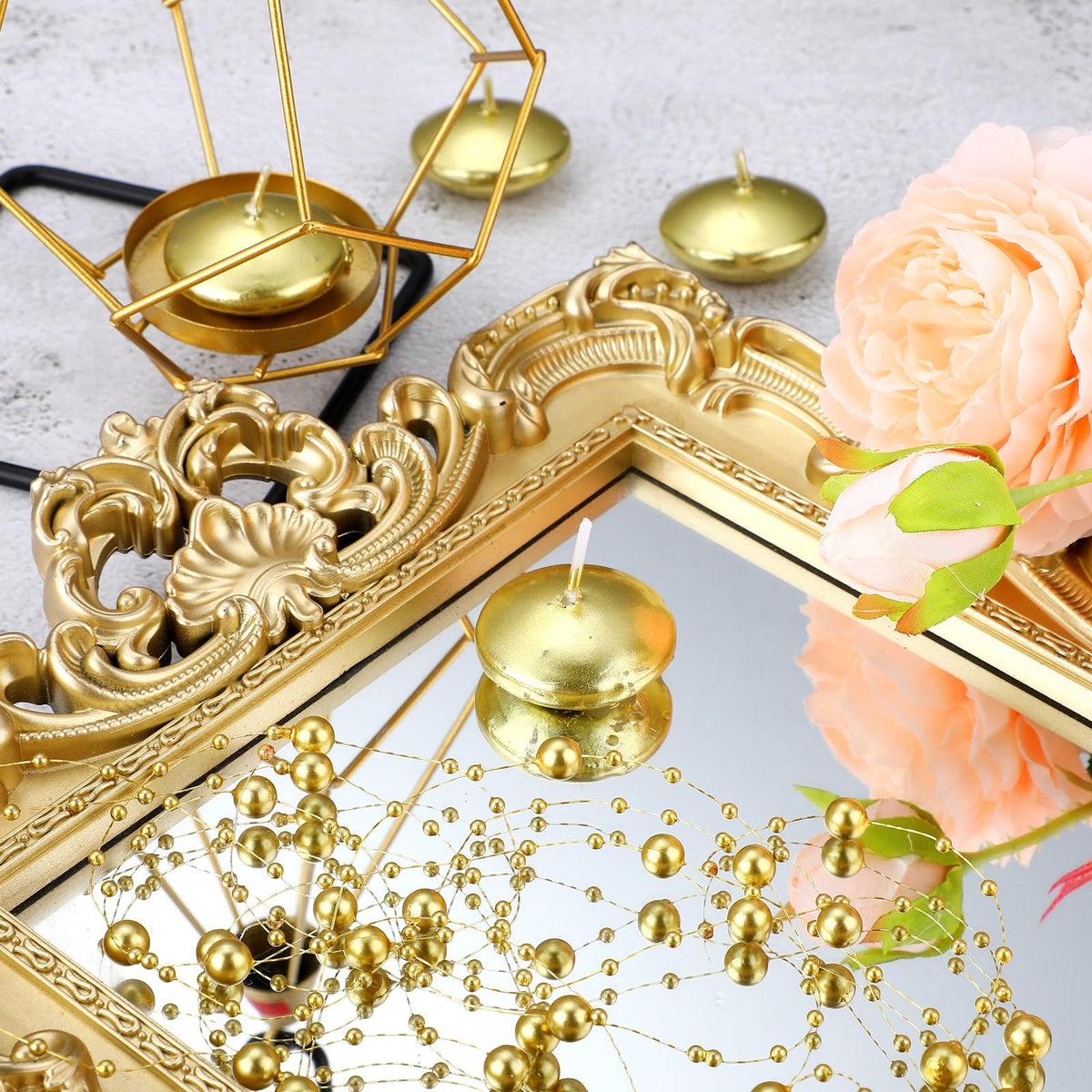 40 Pcs Gold Floating Candles and Pearl String Centerpiece Set (Gold)