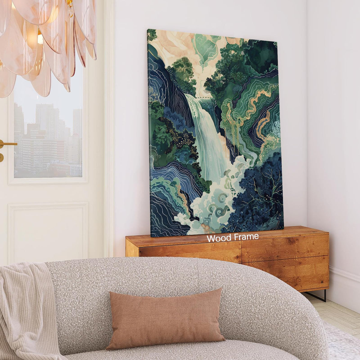 Japanese Landscape Framed Prints Poster Abstract Nature Mountain Canvas Wall Art 16x24 inch Vintage Asian Waterfall Painting Ukiyo (Wrapped Canvas / Japanese Painting / 24"L x 16"W)