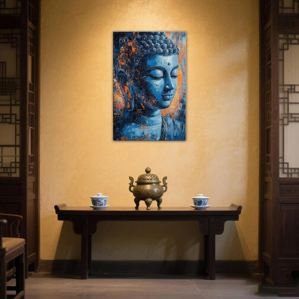 Buddha Canvas Wall Art Teal Orange Abstract Buddha Head Painting Spiritual Zen Meditation Decor for Yoga Room Living Room (Buddha-5 / 18L" x 12W")