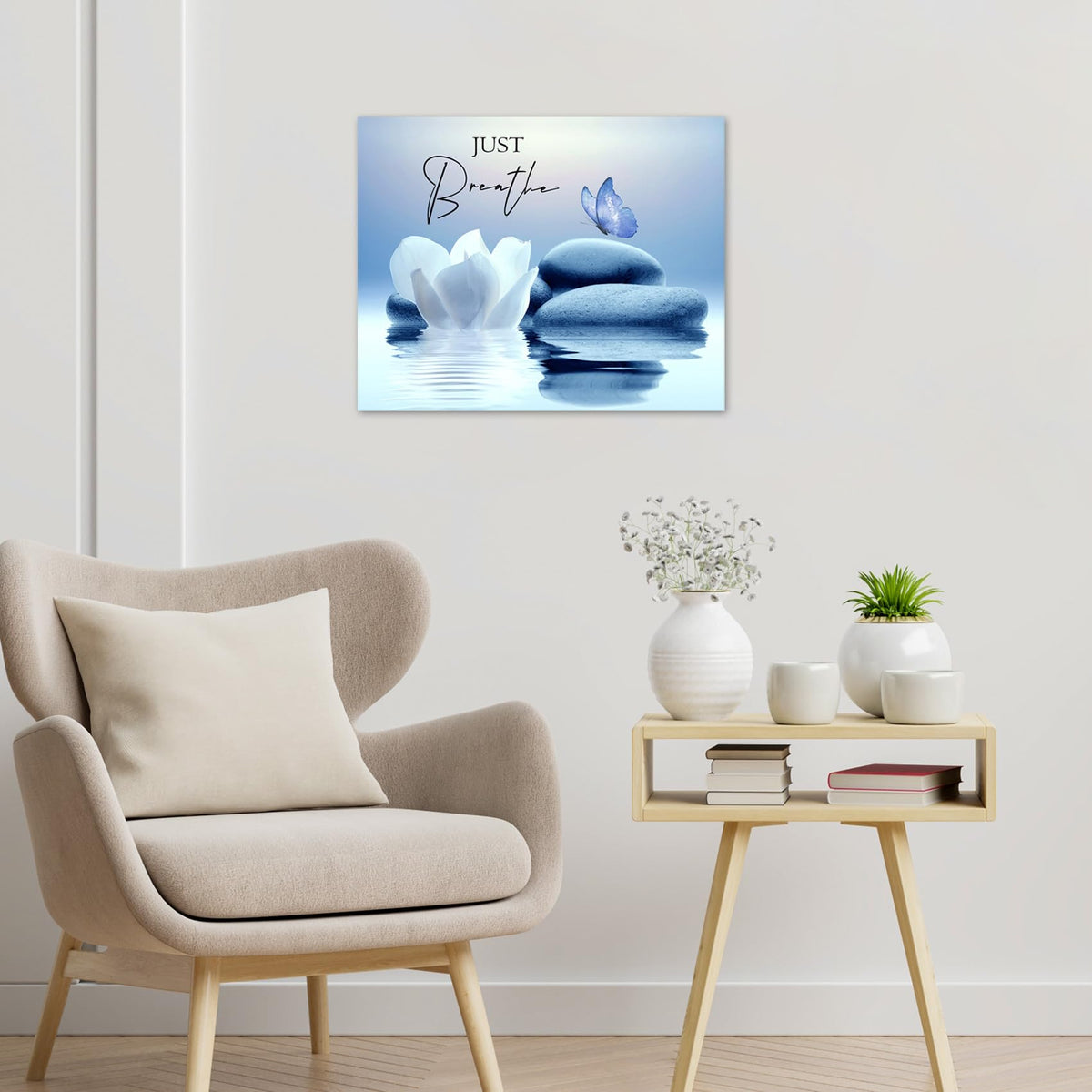 Zen Wall Art for Bathroom Butterfly and White Water Lily Flower on Blue Canvas Wall Art Wall Paintings Home Decor Modern Wall Pictures for Living Room Bedroom Office Ready To Hang (Blue / 16"L x 20"W)