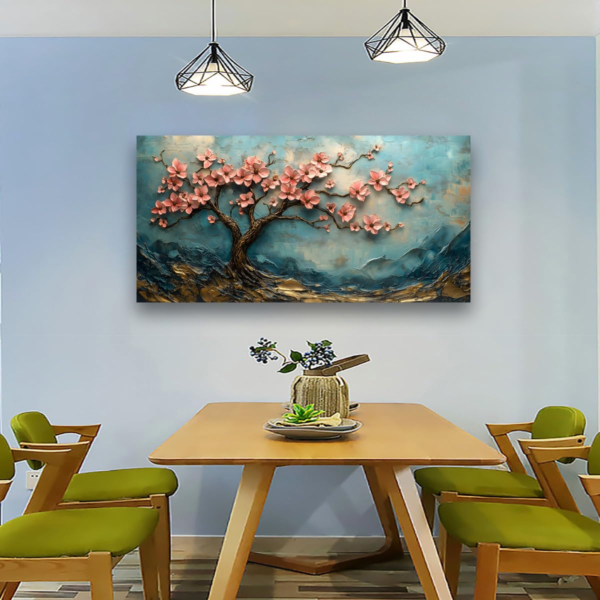 Tree of Life Pink Flowers and Golden Trees Pictures Canvas Wall Art for Living room Office Bedroom Teal Mountain Abstract Wall Decor Art Print Paintings Modern Plum Blossom Artwork (40"L x 20"W / Pink Flowers and Golden Trees)