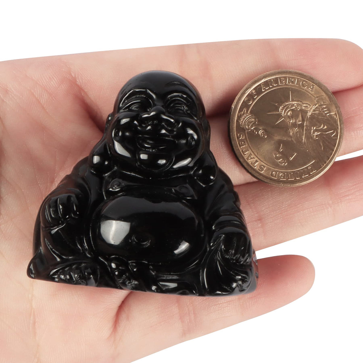 Black Obsidian Crystal Happy Buddha Statue 2 Inch Hand Carved Gemstone Sitting Maitreya Laughing Buddha Figurine Pocket Healing Stone for Home DecorPocket Stone Home Decoration (Green Aventurine)