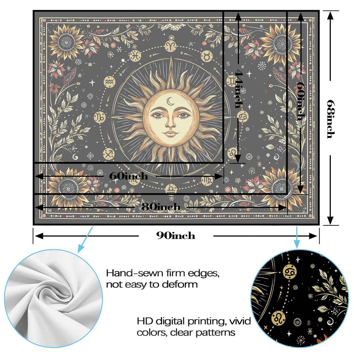 Celestial Sun Tapestry (Light Yellow / 60"L x 44"W)