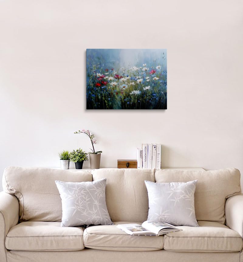 Wildflower Field Canvas Wall Art Framed Print Painting Red and White Blooms Impressionist Serene Wall Decor Artwork Poster Soft Blue Green Background for Living Room Bedroom Nursery Decor 12x16 Inches (wildflowers / 16"L x 12"W)