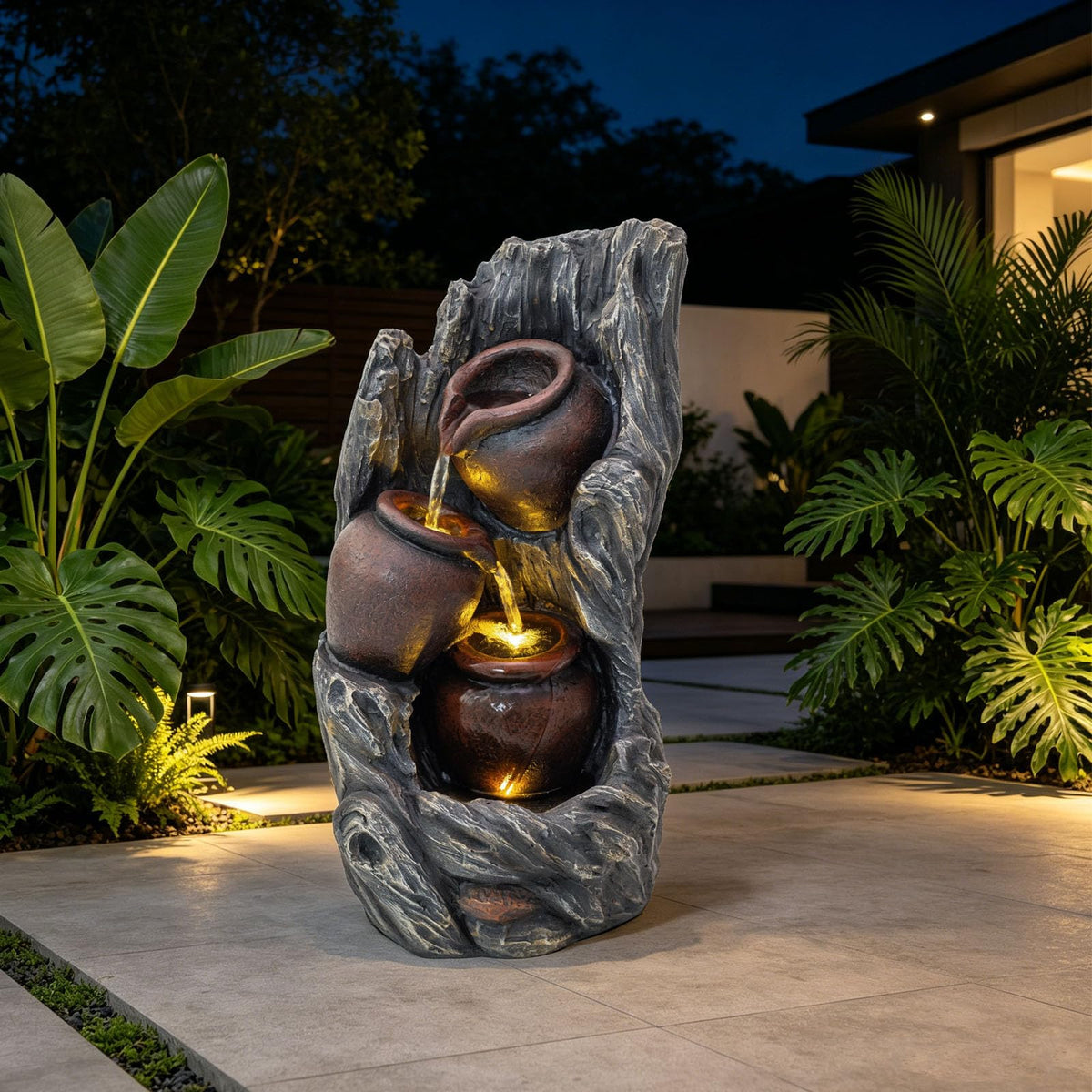 18.7" Resin Cascading Water Fountain Outdoor Indoor with LED Lights (18.7in Deed Tree Trunk & Jar)