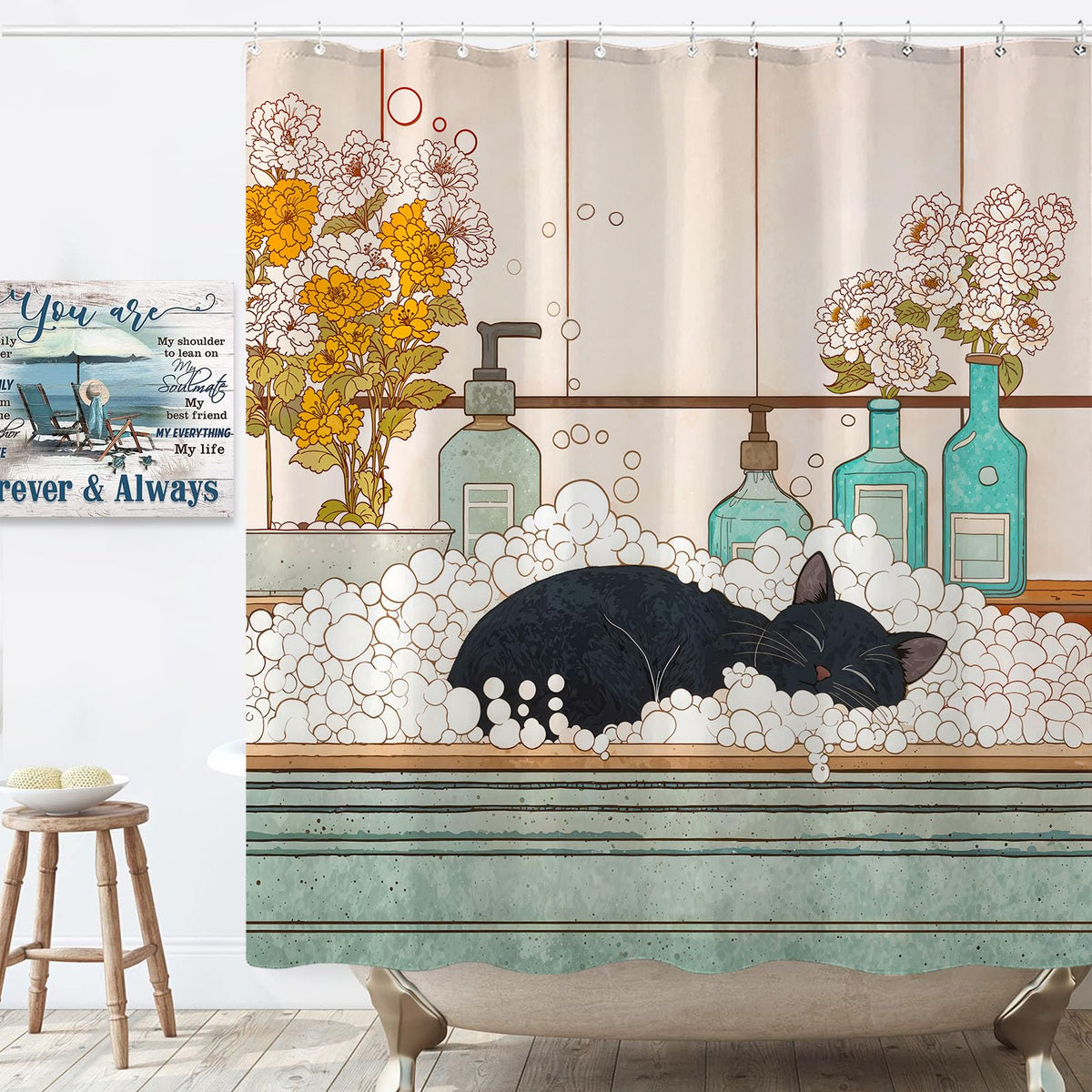 Peaceful Cat Shower Curtain Set Sleeping Feline Art Waterproof Bathroom Shower Curtain Serene Window Scene Print Cozy Home Decor 72x72 Inch (72"W x 72"L (Pack of 1) / Rose Gold)