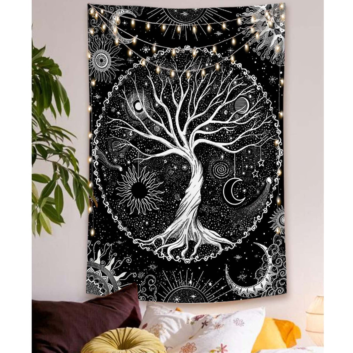 Tree of Life Tapestry Black and White Tapestry Mystical Sun and Moon Tapestries for Bedroom and Living Room Decor Black Tree 44×60 Inches (White Black / 44"L x 60"W)