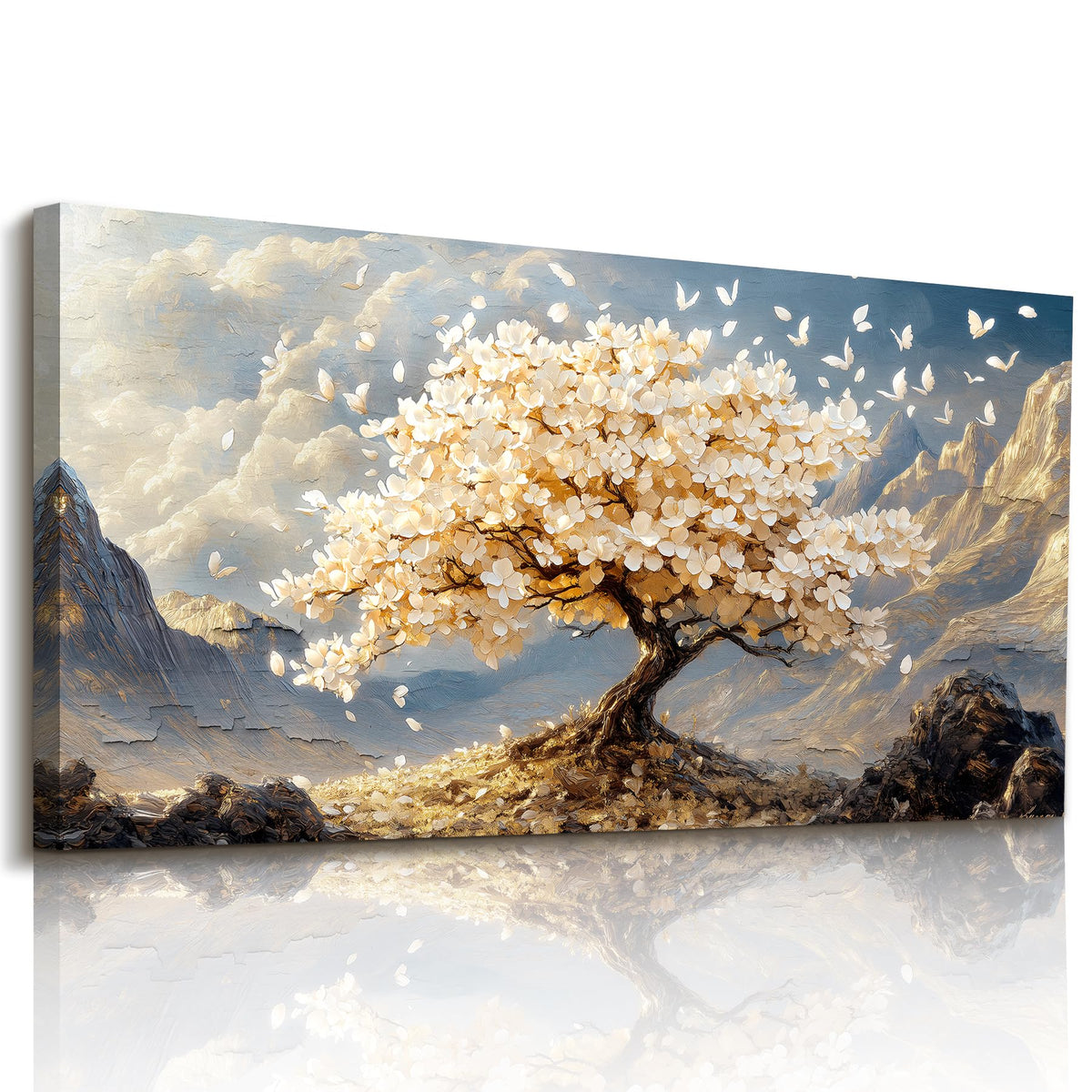 Zen Tree of Life Wall Art Mountain Landscape Large Decor Gold (White Tree / 40"L x 20"W)