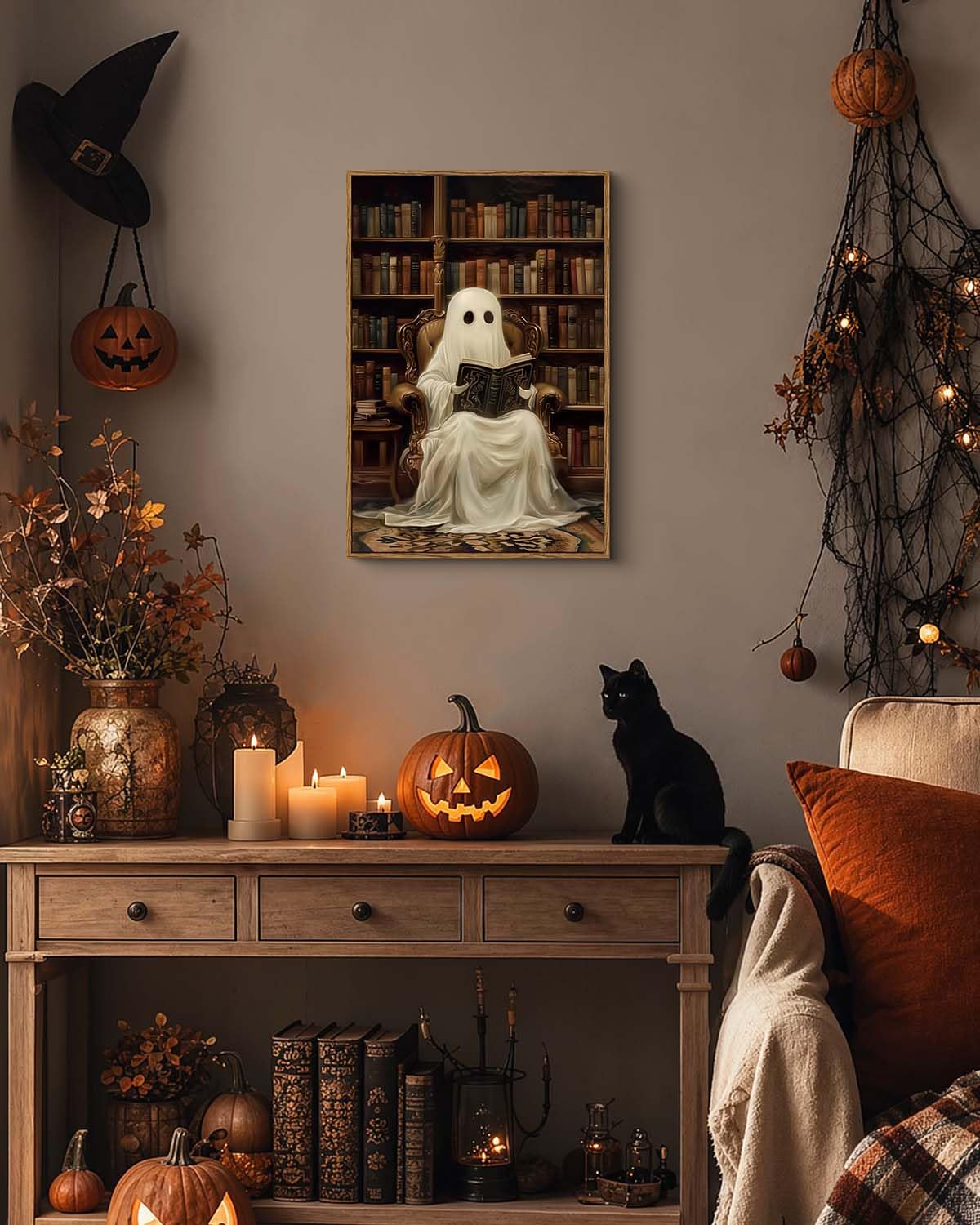 Vintage Halloween Spooky Ghost Reading Books Artwork (Read / 24"L x 16"W)