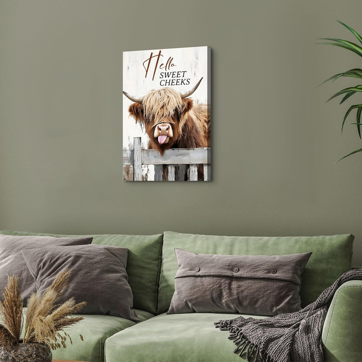 Highland Cow Canvas Wall Art Hello Sweet Cheeks Bathroom Decor Funny Cute Cow Picture Prints Poster Farmhouse Longhorn Wall Decor Rustic Wild Animals Paintings Country Home Decorations 16x24" (24"L x 16"W / Funny Cow02)