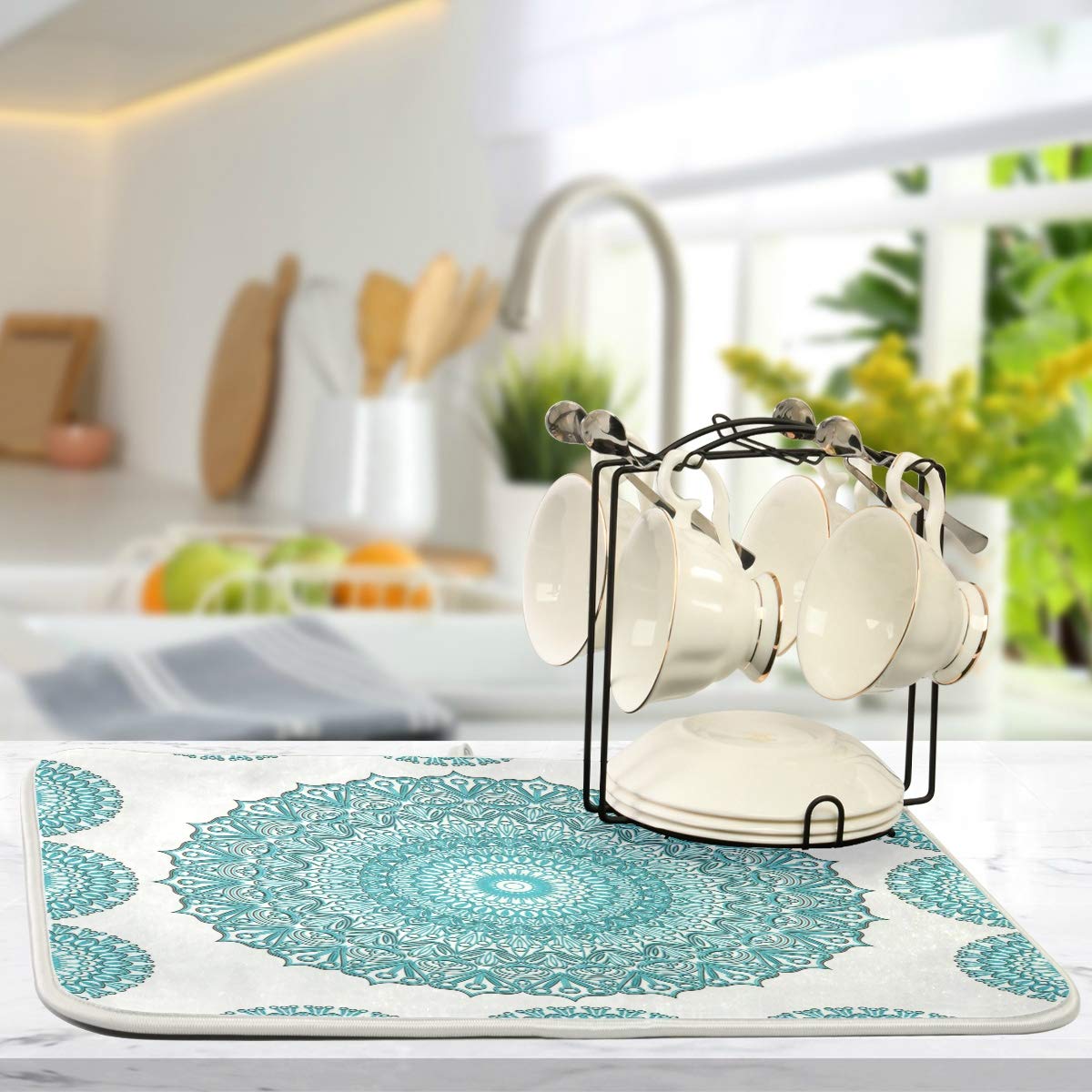 Super Absorbent Dish Drying Mat (Turquoise Mandala / 18" x 24")