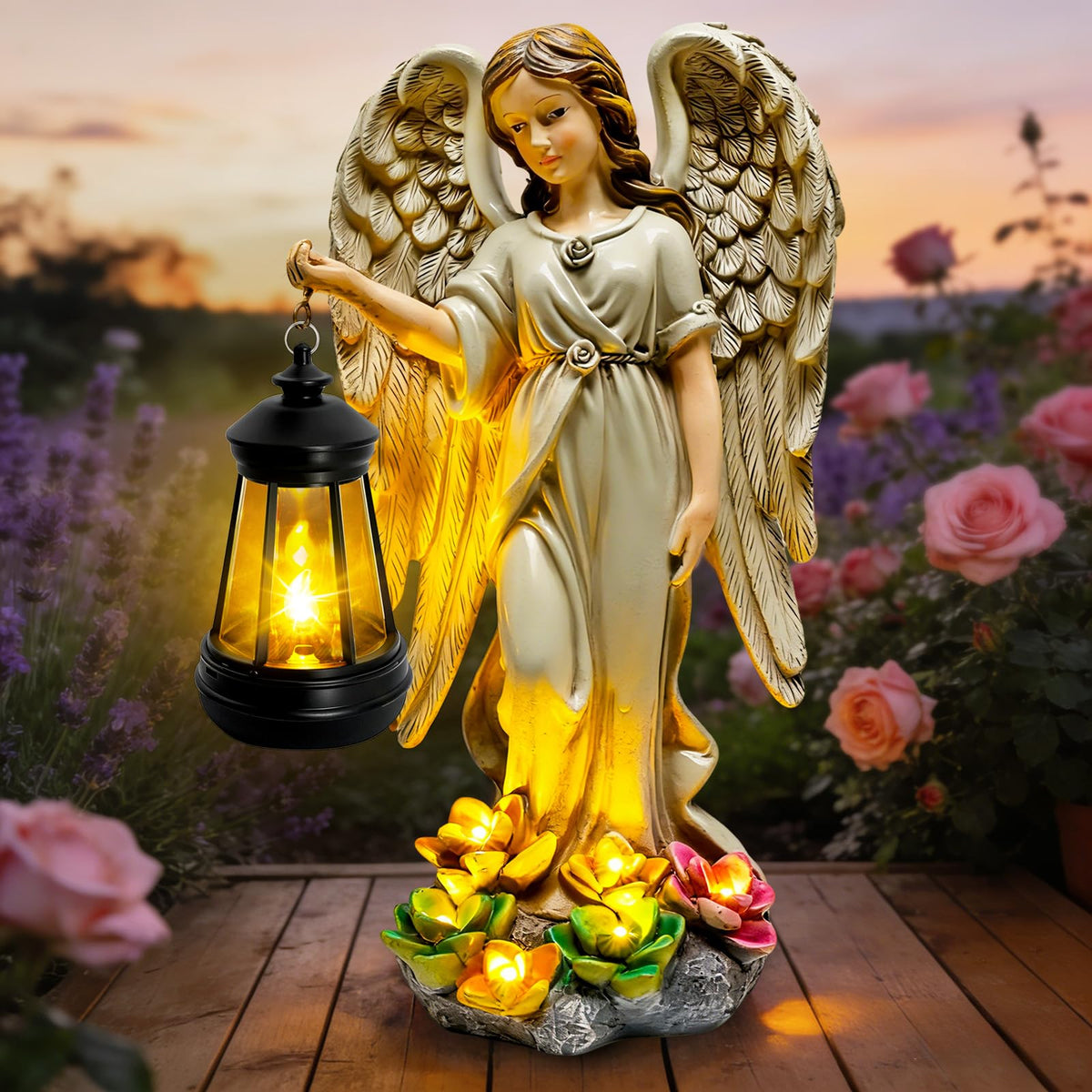 Solar Garden Statue Angel Figurine (Grey - Angel with Lantern)