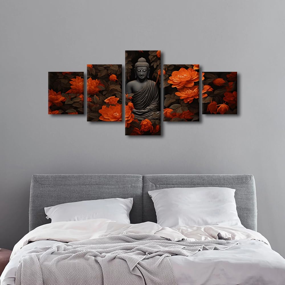 Wall Canvas Art Decor Black Background Buddha Painting Art Modern 5 Panel Living Room Poster Buddha Statue Surrounded By Flowers Picture for Bedroom Wall Decor Stretched Ready to Hang 50x24 in (50x24 in / 5PANEL-05)