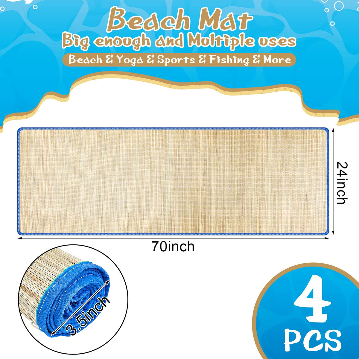 2 Packs Straw Beach Mat with Trim (70 x 24 Inch / Blue)