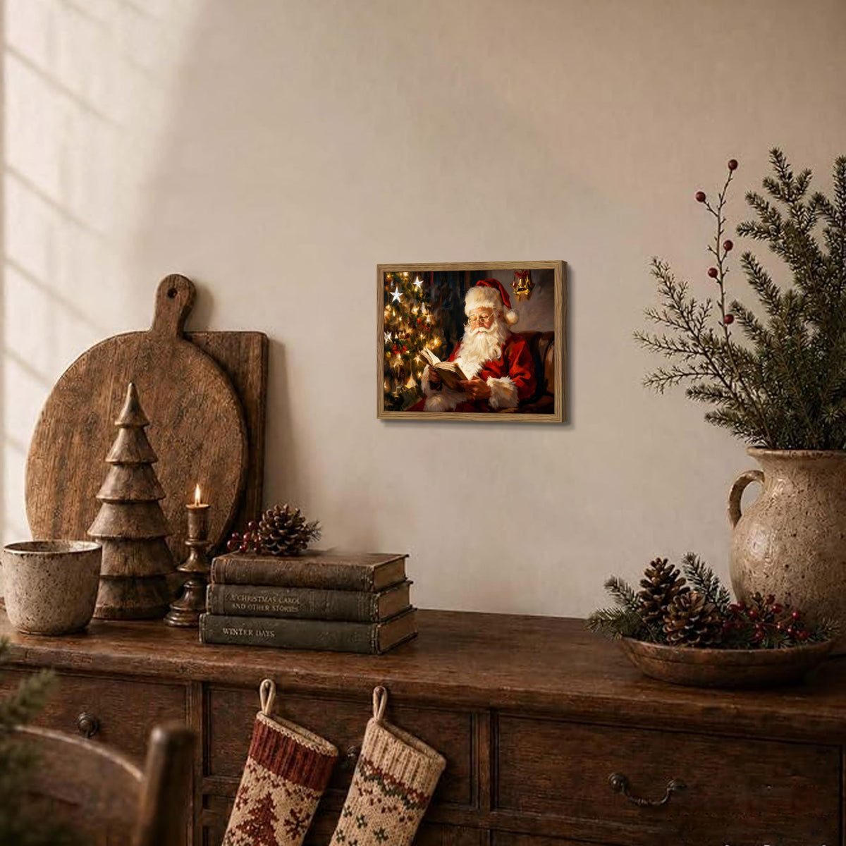 Vintage Christmas Canvas Wall Art (Santa Claus reading a book / 10"L x 8"W)