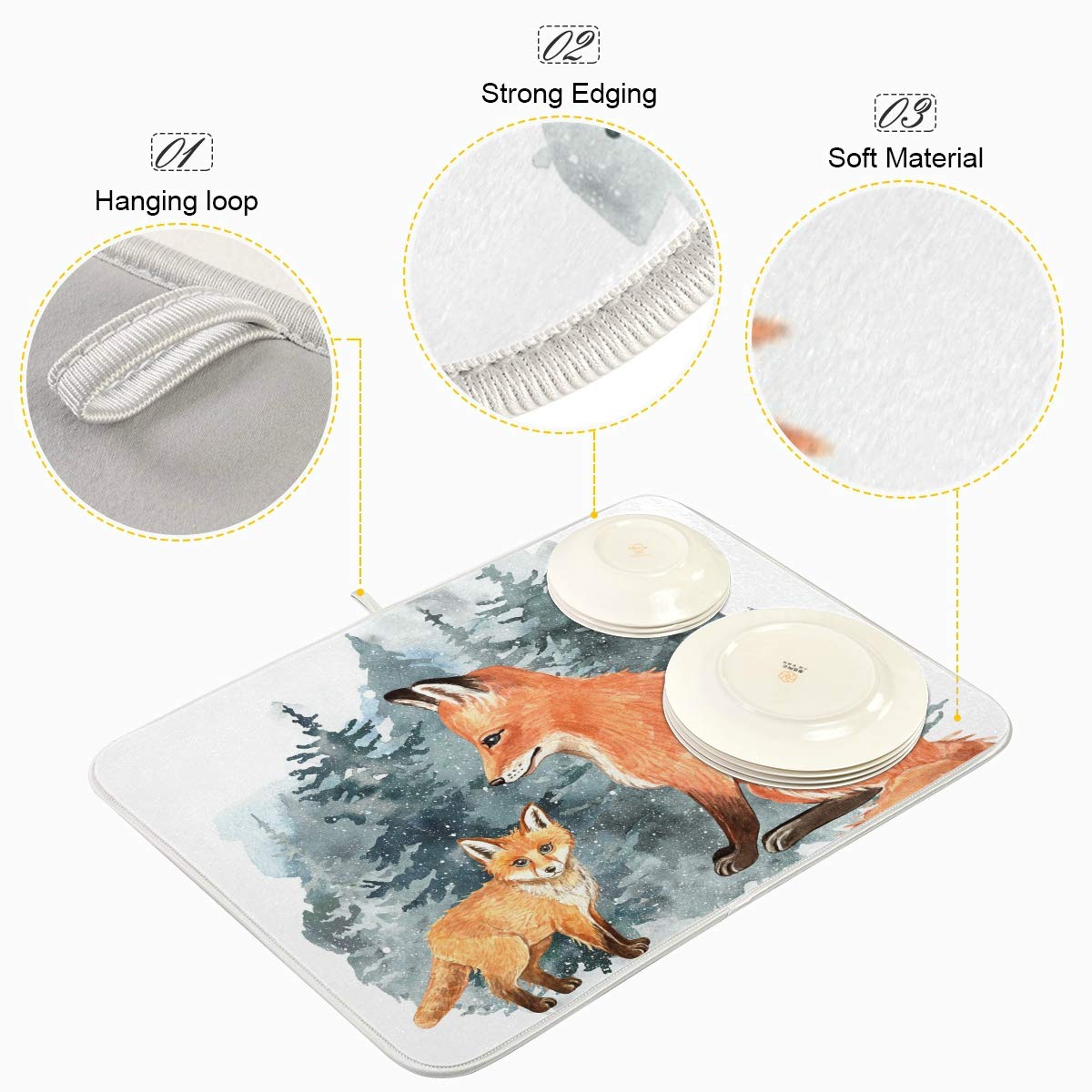 Super Absorbent Dish Drying Mat (Cute Fox Winter Christmas / 18" x 24")