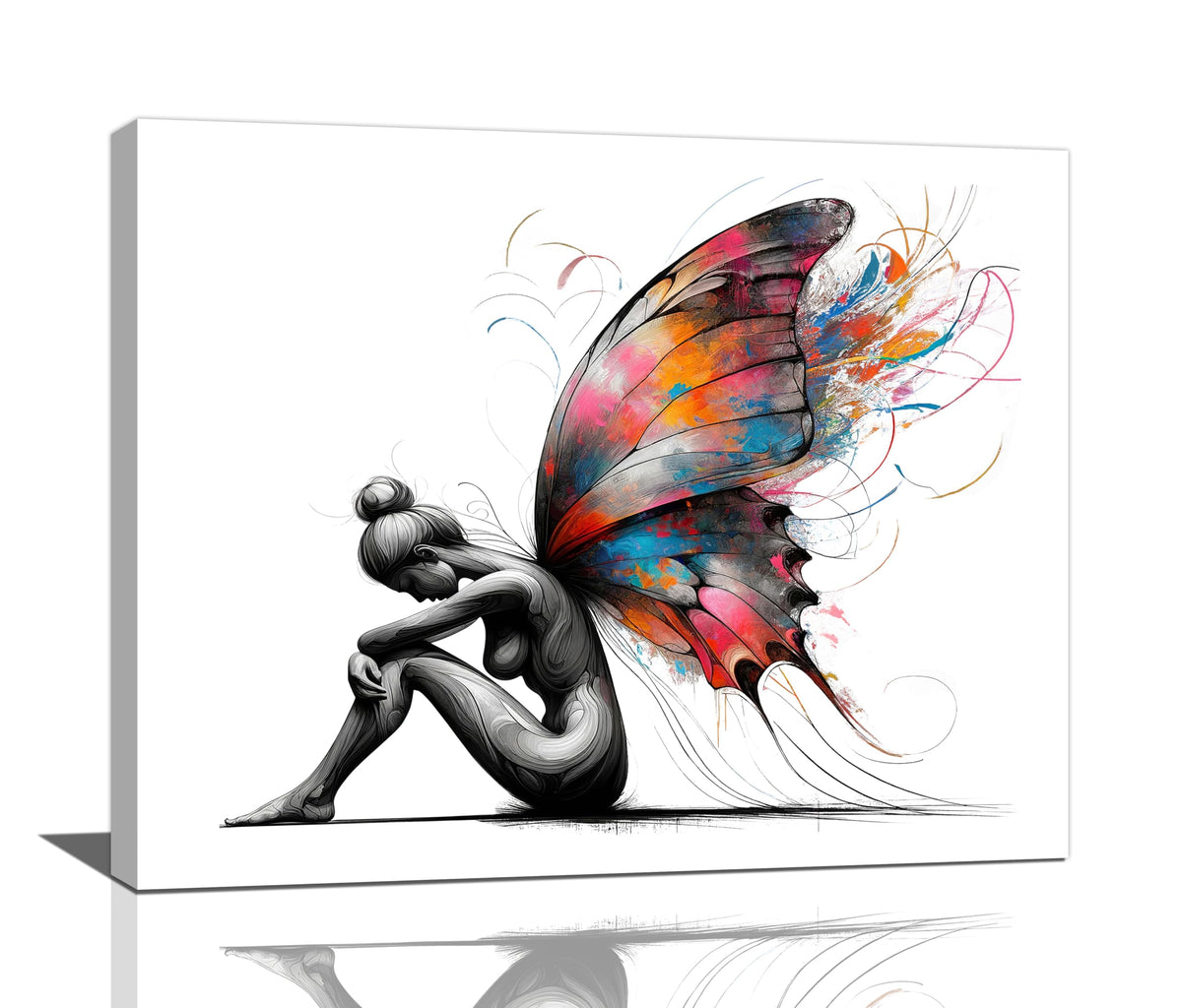 Butterfly Girl Wall Decor Colorful Butterfly Wings Pictures Canvas Wall Art Female Woman Painting Girl Room Decor Artwork Decorations Framed for Bedroom Bathroom living Room Office 20 x 16 inch (20"L x 16"W / Butterfly Wings)