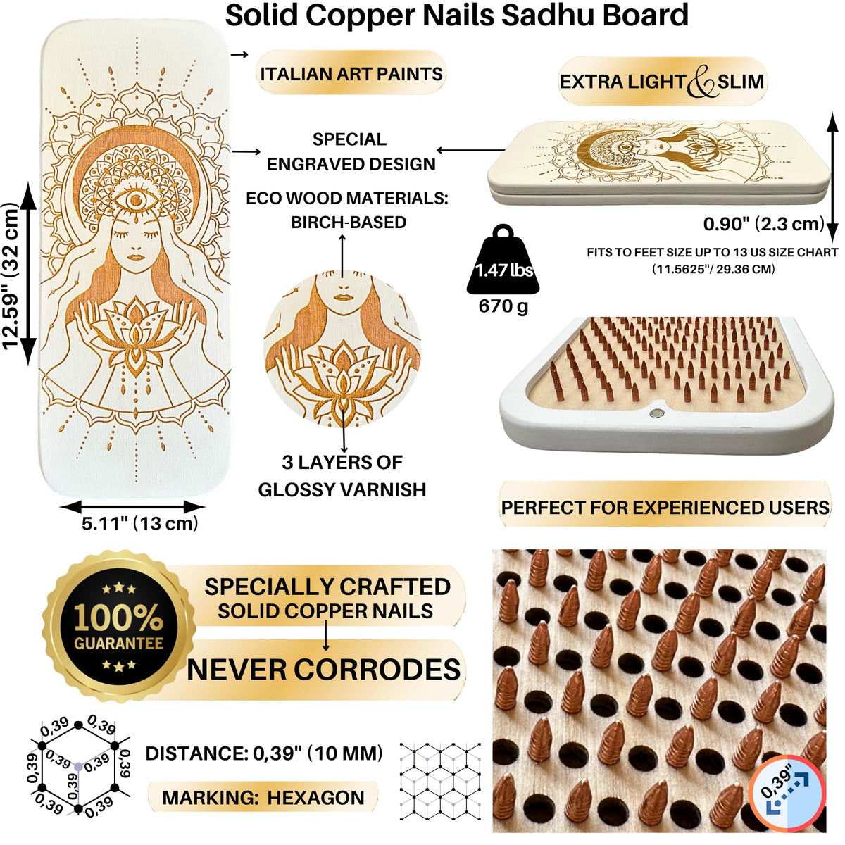 Sadhu Board Specially Crafted Solid Copper Nails (Lotus Flower White)