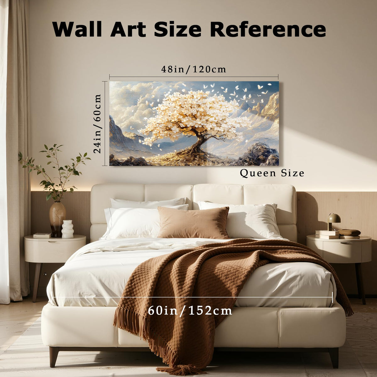 Modern Tree of Life Large Wall Art Japanese Zen Nature Decor Gold (White Tree / 48"L x 24"W)