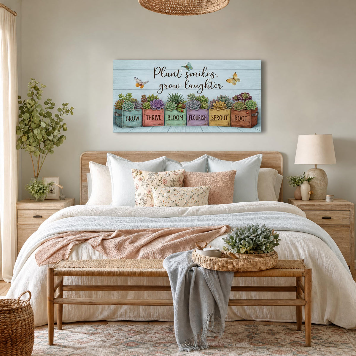 Rustic Succulent Canvas Wall Art Colorful Faux Wood Planter Box Painting Flat Print Gallery Wrapped Botanical Artwork for Living Room Bedroom Bathroom Decor (Bohemian / Yellow Succulent Garden 14 / 40"L x 20"W)