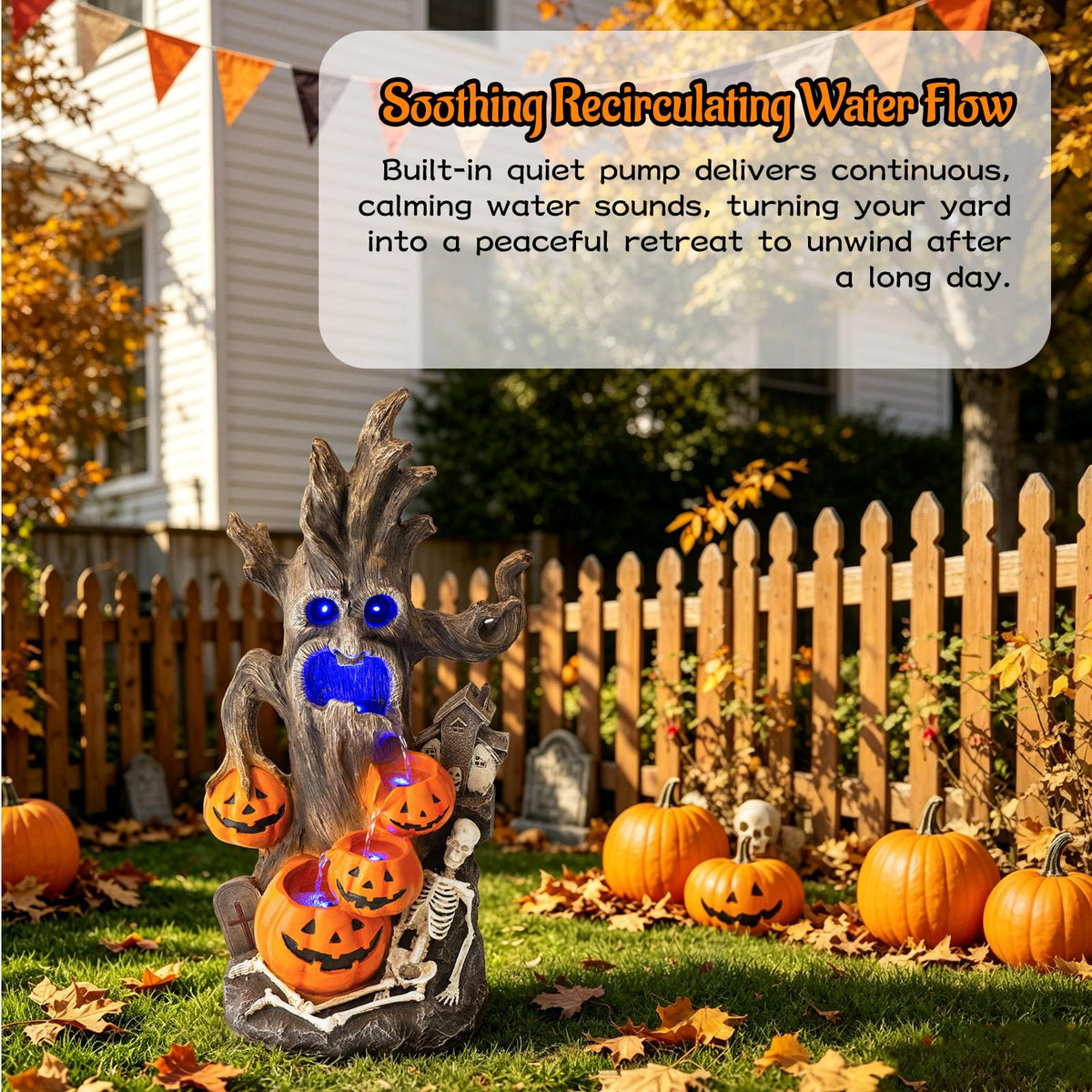 30.9 Inch Halloween Water Fountain with Pumpkins and Skeleton (30.9" Skull & Pumpkin Head)