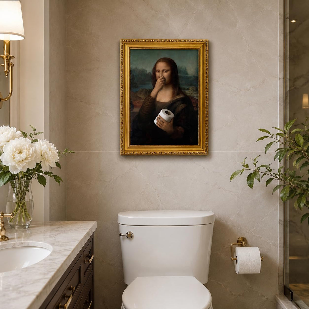 Gold Framed Bathroom Wall Art Mona Lisa Humor Amusing Toilet Art Pinching Nose Wall Decor Funny Vintage Painting Picture Print Whimsical Restroom 9x11 inch Small Framed (Mona Lisa / 16L" x 12W")