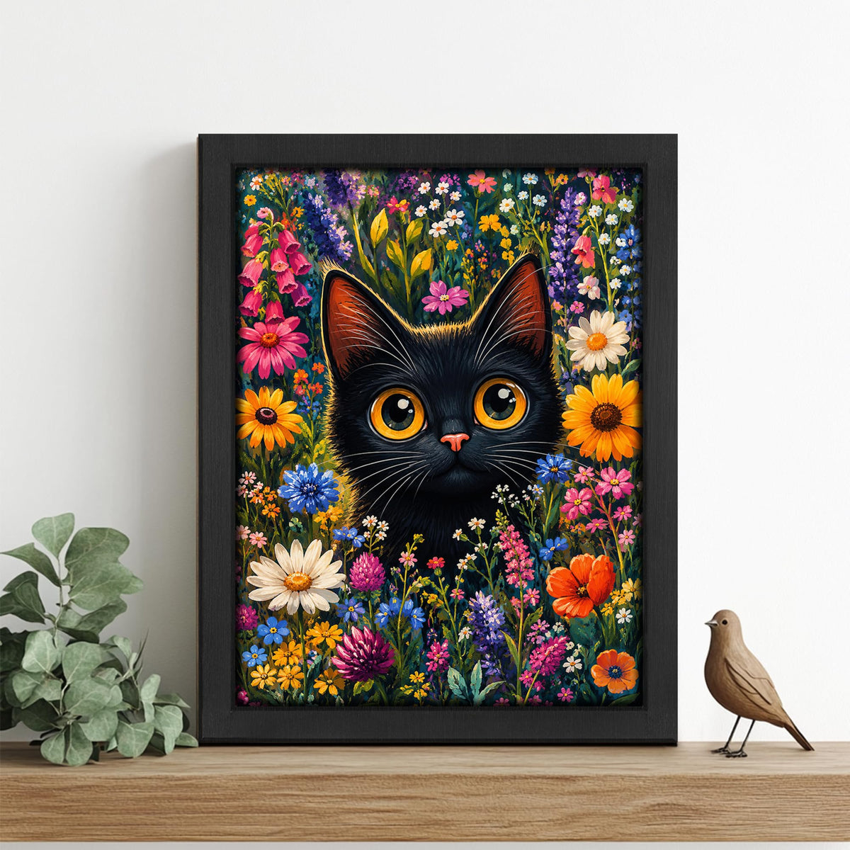 Black Cat Floral Decor Wall Art (Wall Art Framed 47 / 16"L x 12"W)