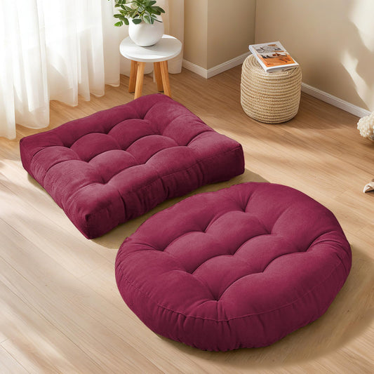 Floor Cushion Pillow Set of 2 Large Round and Square Floor Pillows for Adults Meditation Cushion Pillow Tufted Corduroy Cushions for Living Room Outdoor Yoga Tatami Fireplace (Wine Red)