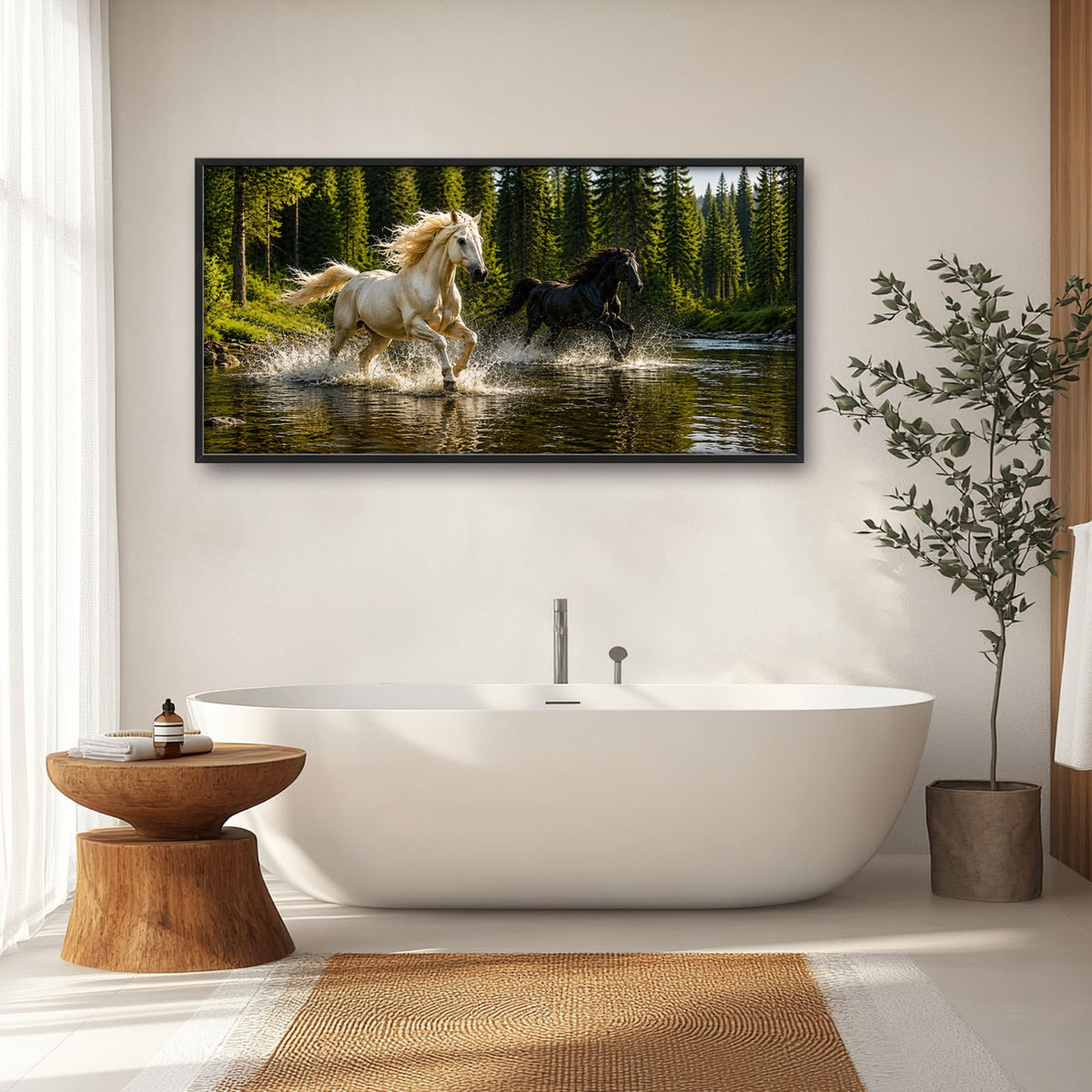 Large Framed Running Horses Wall Art Print Forest Decor 60"x30" (2 Horses / 60"L x 30"W)