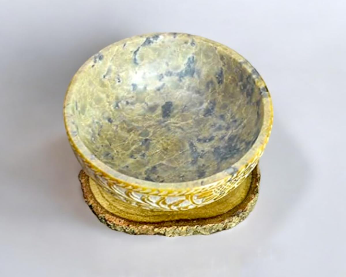 Soapstone Scrying And Smudge Bowl Pot Sun Floral Design Handmade Household Kitchen Table Decorative Gift 5 Inch (Sun Flower)