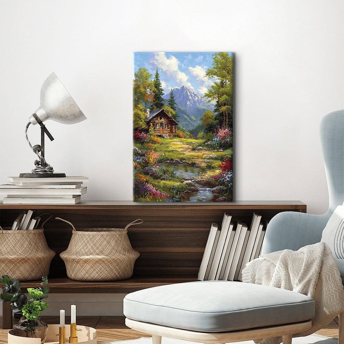 Mountain Froest Wall Art Nature Batonical Canvas Prints for Living Room Natural Landscape Painting Poster Colorful Wildflower Pictures Green Trees Canvas Artwork for Bedroom Home Decorations 16x24" (24"L x 16"W / Wooden House)