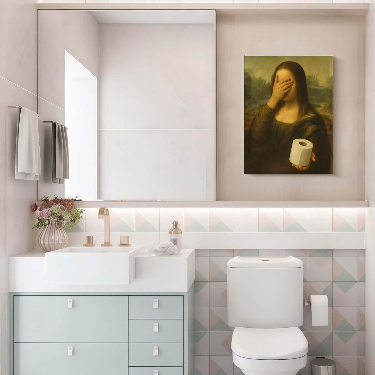Funny Mona Lisa Bathroom Canvas Wall Art Parody World Famous Paintings Poster Print Modern Bathroom Paintings Humor Painting Gallery Wrap Bathroom Wall Decor Framed 12x16 Inch Ready to Hang (Funny Mona Lisa-2 / 12"L x 16"W)