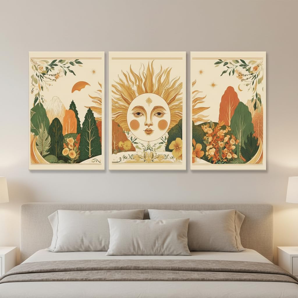 3Pcs Boho Sun Forest Canvas Wall Art (Sun / 16"L x 12"W)
