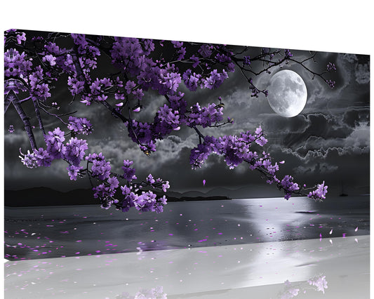 1 Pcs Purple Bedroom Pictures Wall Decor Purple Canvas Art Black and White Sea Night Full Moon Purple Flower Print on Canvas Purple Wall Picture for Room Decor Stretched and Framed 16x32 inch (32"L x 16"W / Purple Flower 10)