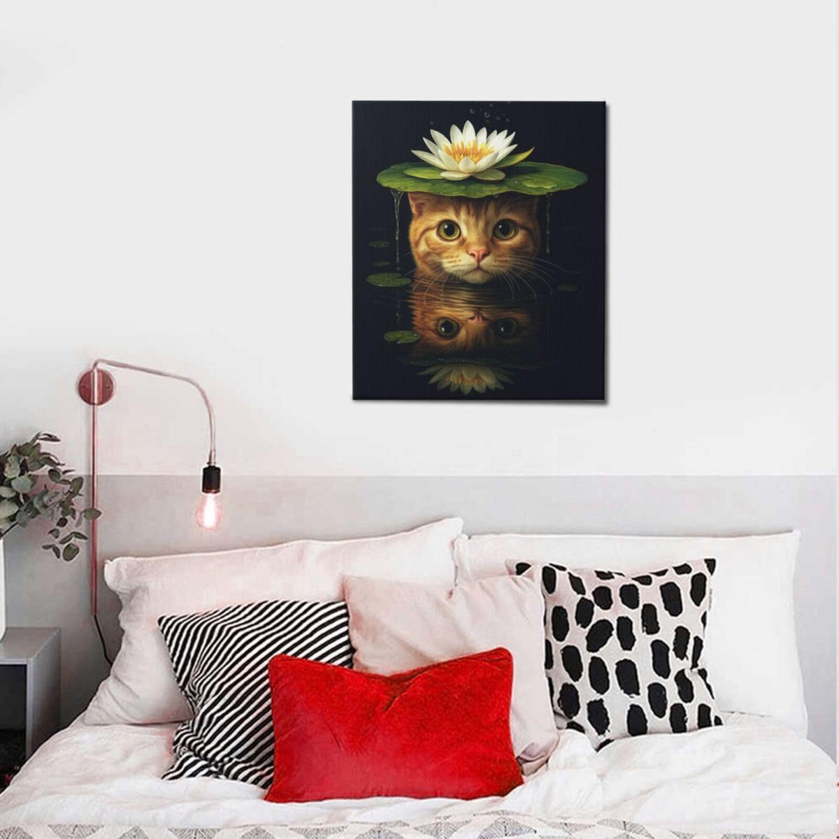 Cat Bathroom Wall Art For Woman Water Lily Kitten Canvas Wall Decor Oriental Asian Pictures Paintings Prints Vintage Aesthetic Artwork Framed Decorations For Bathroom Bedroom Living Room Office Gifts 20" x 24" (Waterlily Cat / 24"L x 20"W)