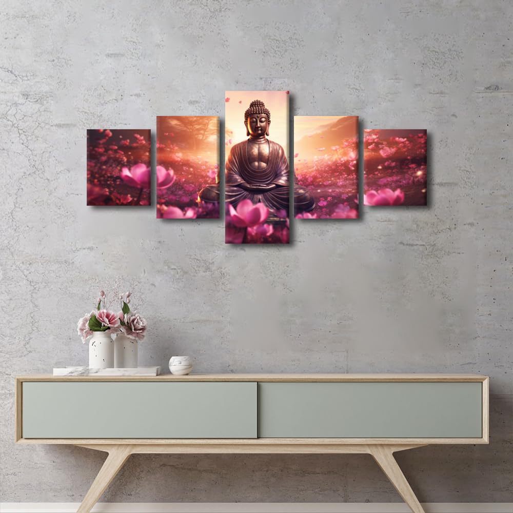 Canvas Wall Art for Home Buddha Sculpture Poster Decor Buddha Statue Surrounded By Flowers Picture Modern 5 Panel Office Wall Art for Bedroom Wall Decor Stretched and Framed Ready to Hang 50x24 in (50x24 in / 5PANEL-18)