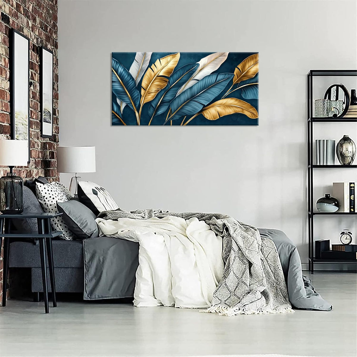 Navy Blue Tropical Leaf Wall Art for Living Room Canvas Painting Prints Botanical Banana Leaves Nature Gold Modern Artwork Office Bedroom Family Decor Large (46L" x 23W" / Gold and Blue Wall Art(k828))