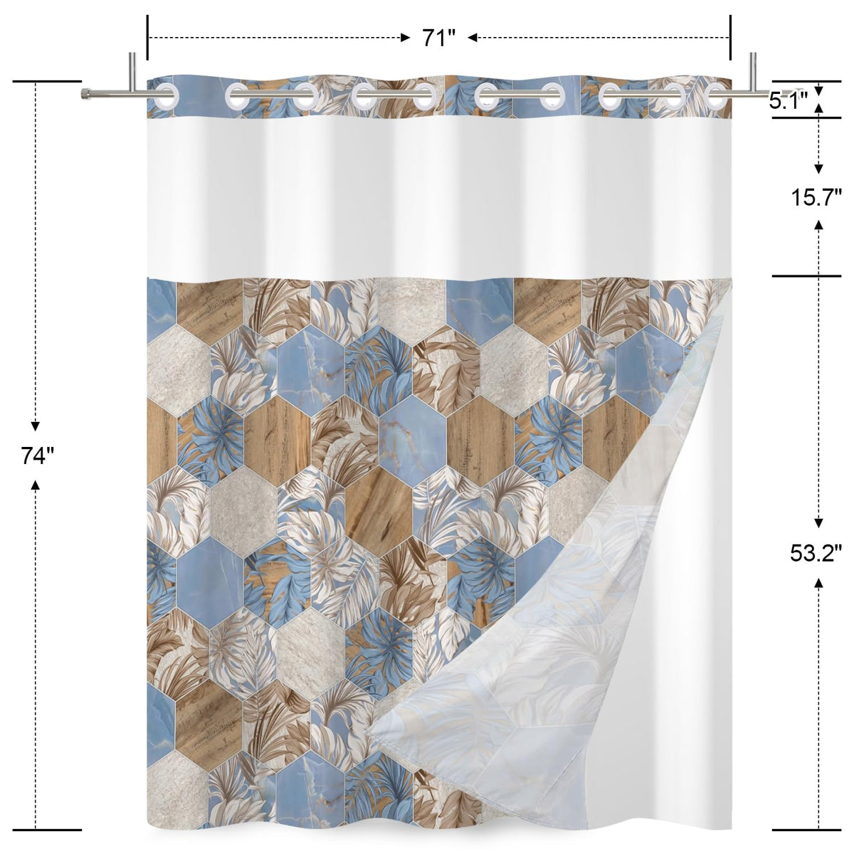 No Hook Shower Curtain and Liner Set Modern Geometric Shapes Shower Curtain with Plants Vintage Rustic Wooden Bathroom Hotel Decor with Removable Snap Washable Fabric 71x74 Inch (Multi Color)