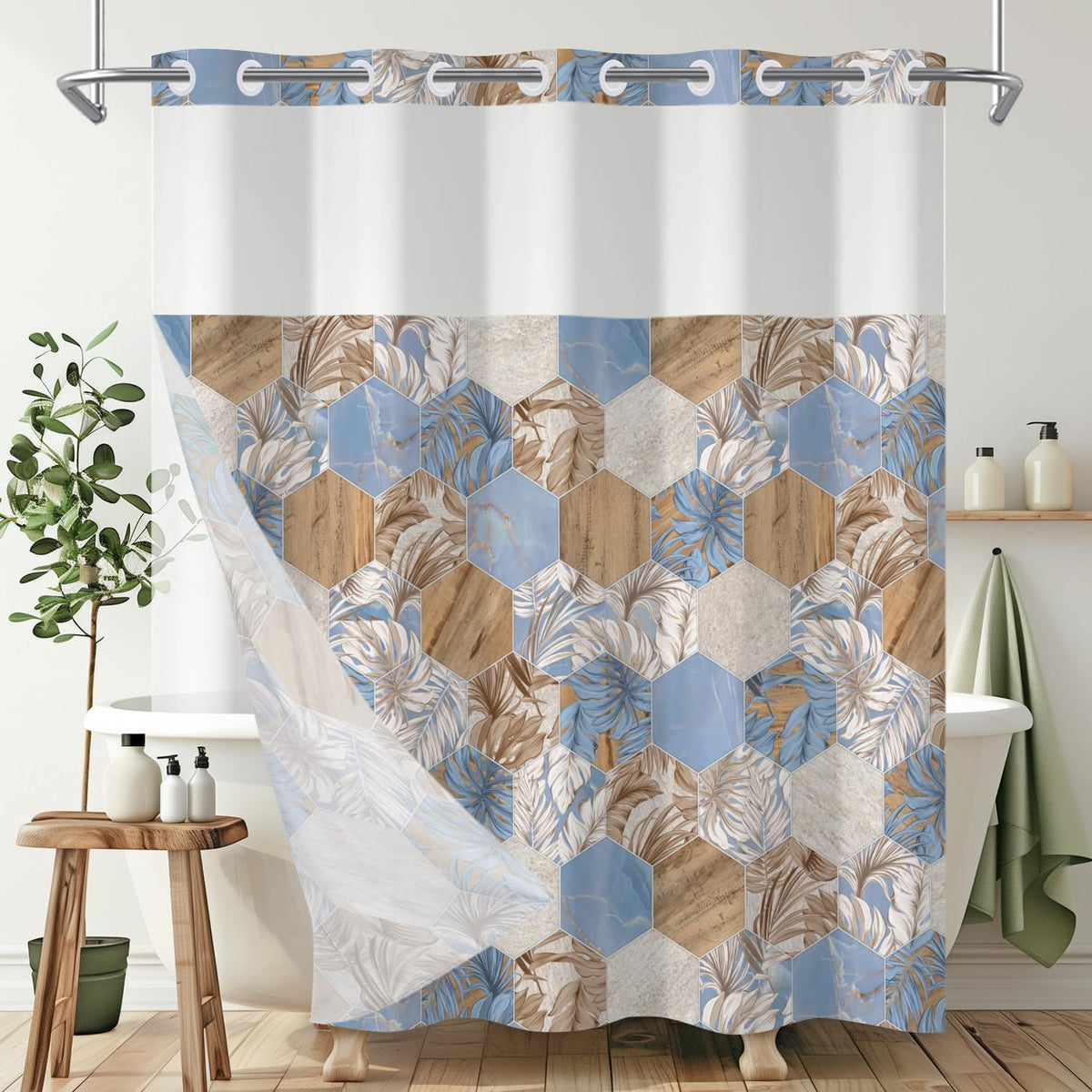No Hook Shower Curtain and Liner Set Modern Geometric Shapes Shower Curtain with Plants Vintage Rustic Wooden Bathroom Hotel Decor with Removable Snap Washable Fabric 71x74 Inch (Multi Color)