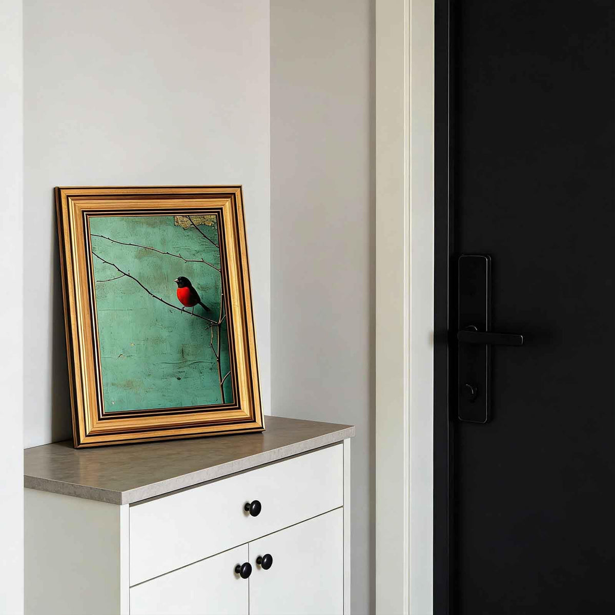 Red Bellied Bird Canvas Wall Art Framed Blue Green Sparrow Crow Decor Picture Vintage Rural Pastoral Bird Bedroom Living Poster Prints for Study Office Corridor Room Home Decoration (bird / 24"L x 16"W)