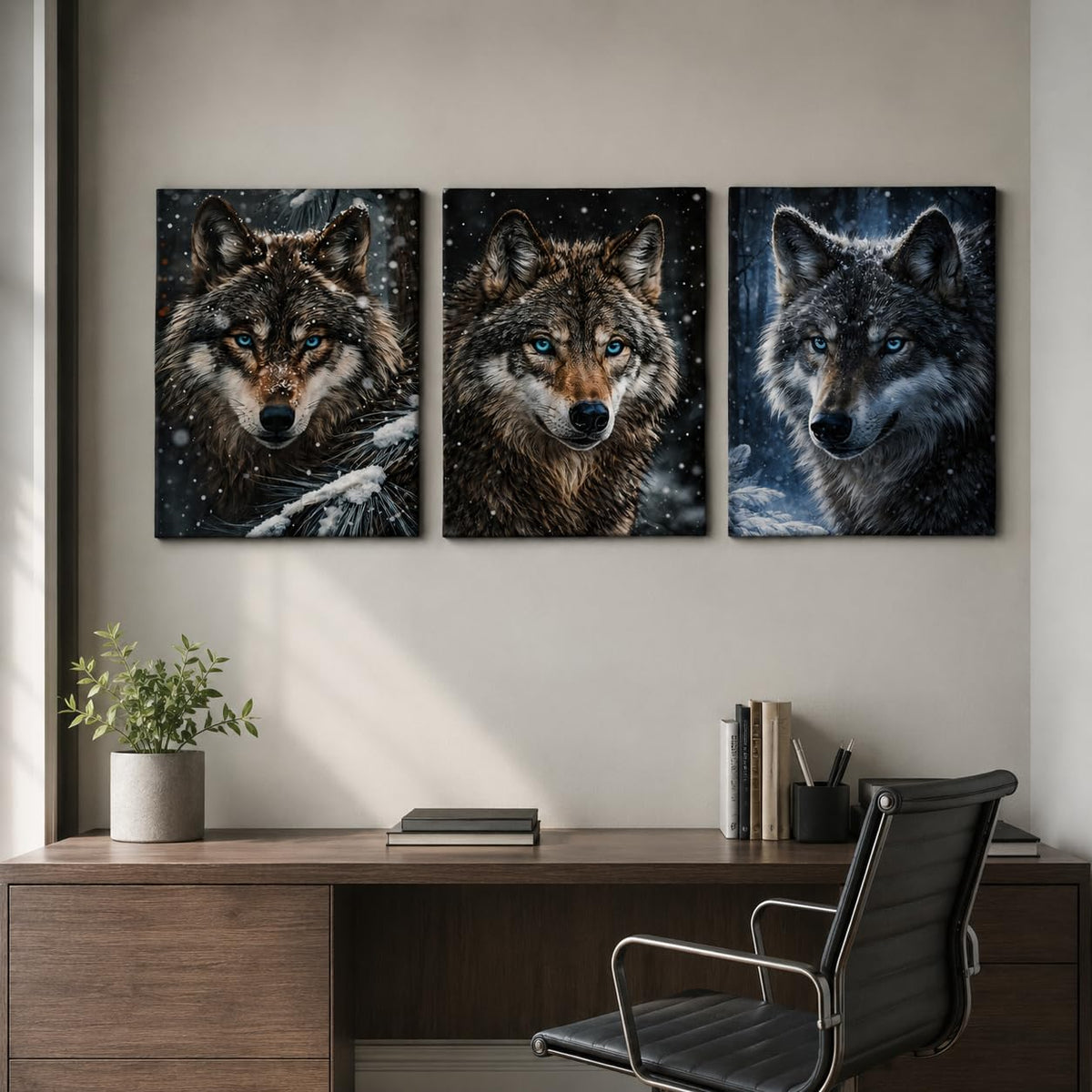 3 Piece Framed Canvas Wall Art 16x20 Wolf Animal Portrait Pictures for Living Room Bedroom Office Hallway Easy No Drill Hanging with Strips and Hooks (Animal-themed canvas paintings60)