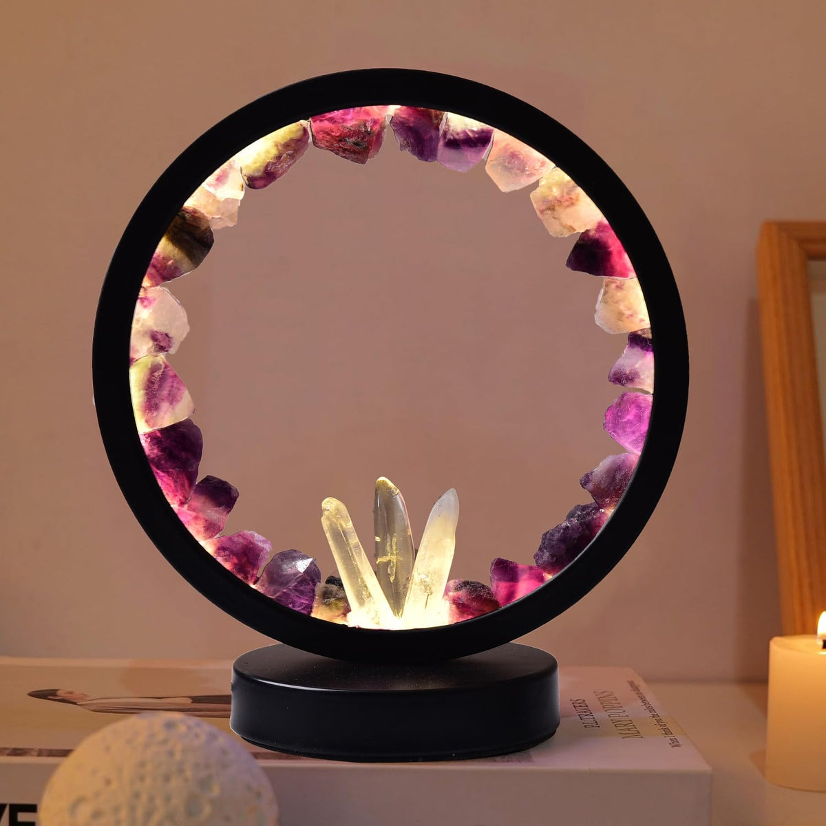 Natural Purple Fluorite Crystal Night Light Round Lamp Bedroom (Purple Fluorite Round)